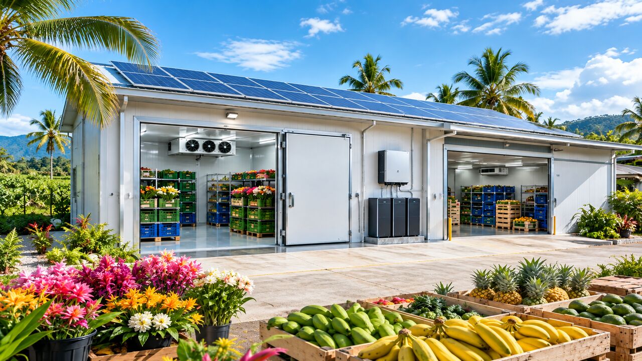 Almacén refrigerado agrícola con paneles solares para conservar flores, frutas y productos perecederos