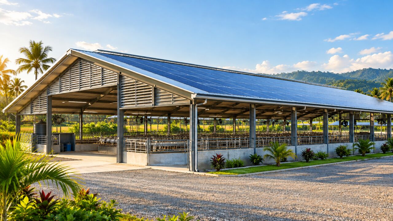 Nave agrícola de estructura metálica con paneles solares en el techo, en un entorno rural tropical